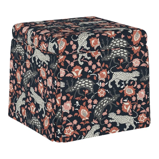 Dyer Storage Ottoman in Coral Navy Leopard For Sale