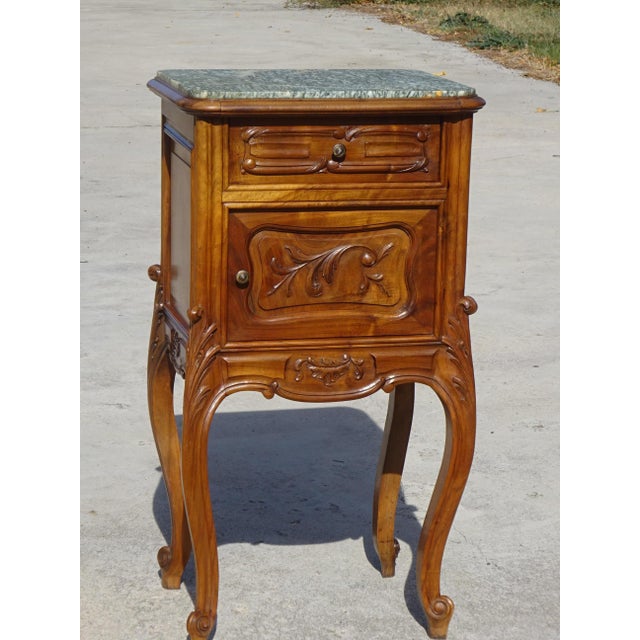Antique Louis XV Style Walnut Bedside Table with Marble Top, 1950s For Sale - Image 3 of 18