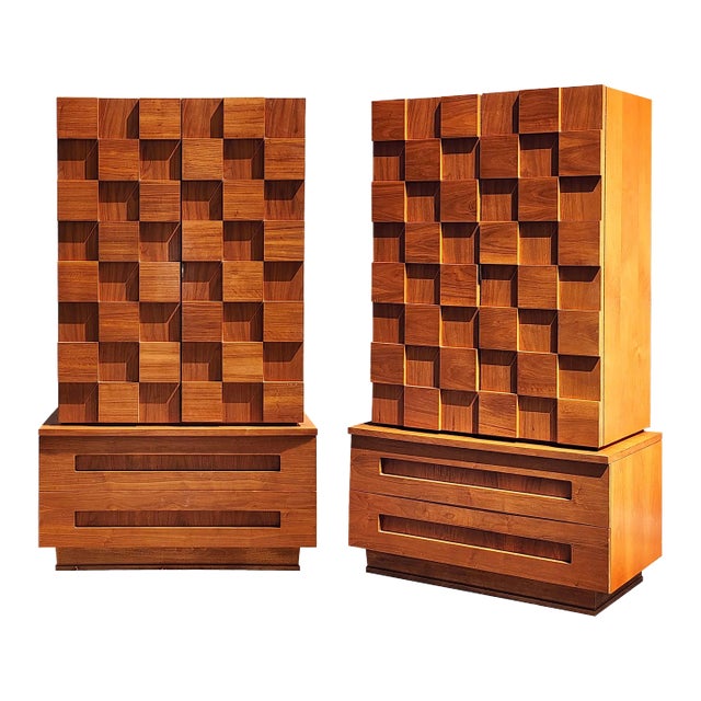 Pair of Brutalist Cubed Highboy Storage Chests by Young Manufacturing Company For Sale
