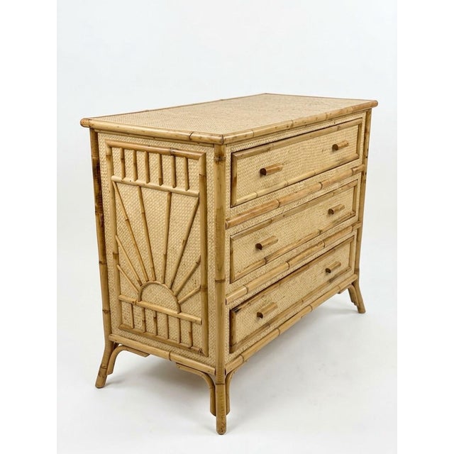 Boho Chic Vintage Tropical Rattan & Bamboo 3-Drawer Dresser With Sunburst Motif For Sale - Image 3 of 12