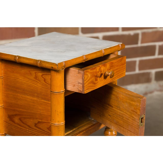 French 19th Century Pine Faux Bamboo Side Table with Marble Top, Door and Drawer For Sale - Image 4 of 12