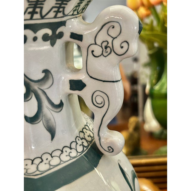 Ceramic 1970’s Andrea by Sadek Green and White Porcelain Chinoiserie Japanese Porcelain Scenic Vase 15.5” For Sale - Image 7 of 11