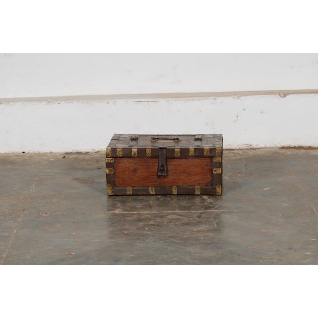 Indian Antique Indian Teakwood Brass and Iron Strapped Small Chest For Sale - Image 3 of 4