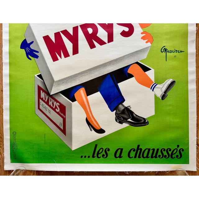 French Myrys Shoes Original 1950’s French Advertising Poster With Happy Family Linen Backed 46” X 61” For Sale - Image 3 of 4