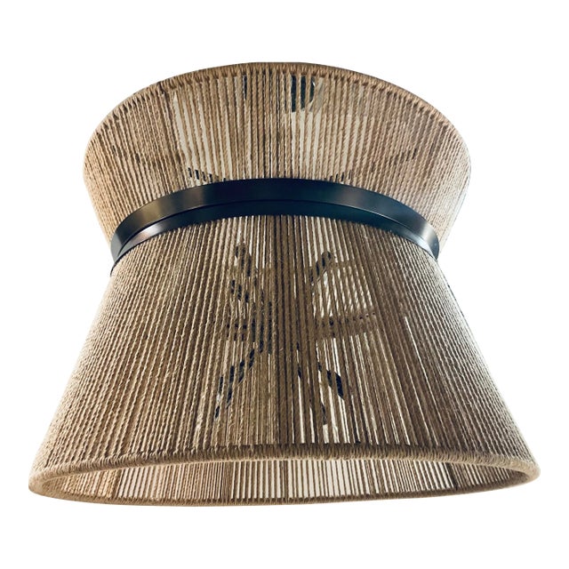 Stylish Organic Modern Cinched Rope High Strung Pendant Chandelier, black metal band, showroom floor sample