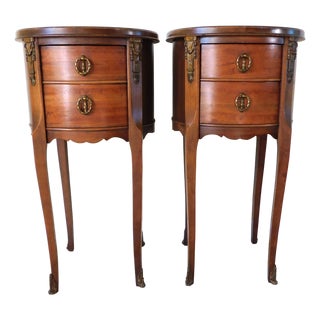 Pair Vintage C1940s French Oval Brass & Wood Side/End Bedside Tables For Sale