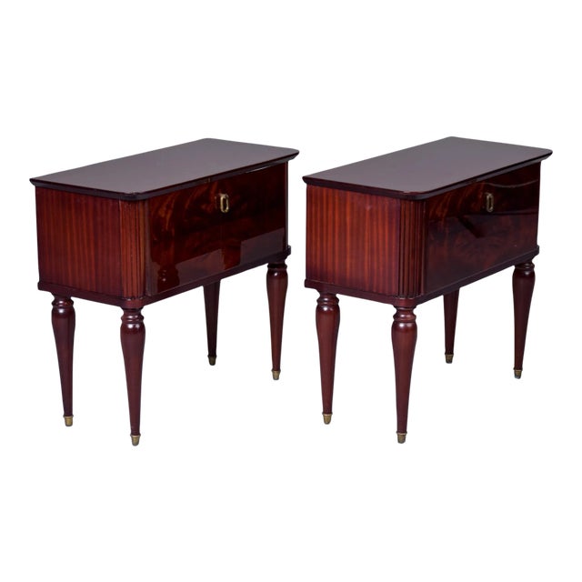 Mid Century Italian Tiger Wood Bedside Chests With Brass Tipped Legs and Hardware - Pair For Sale