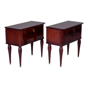 Mid Century Italian Tiger Wood Bedside Chests With Brass Tipped Legs and Hardware - Pair