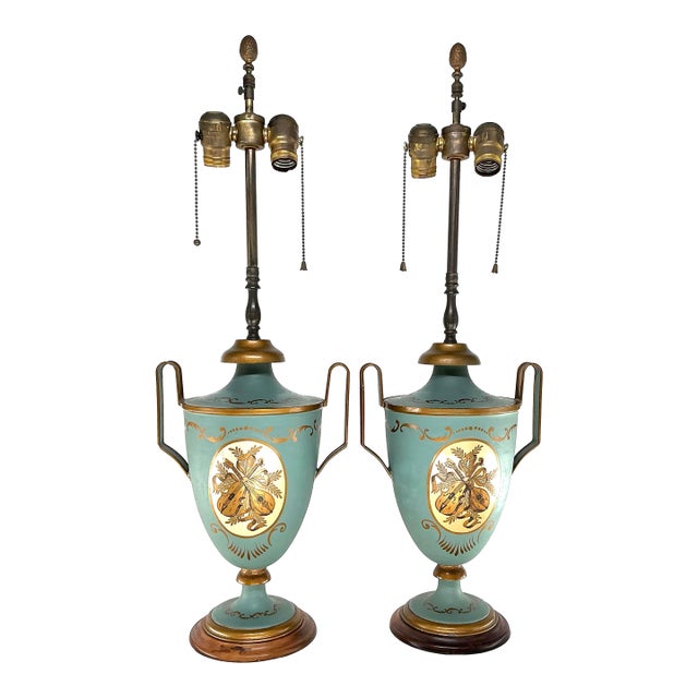 Antique French Neo-Classical Urn-Shaped Hand Painted Lamps, Pair. For Sale