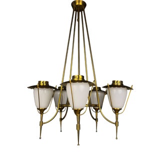 Vintage Art Deco Glass and Brass Chandelier from Maison Arlus, France 1950s For Sale