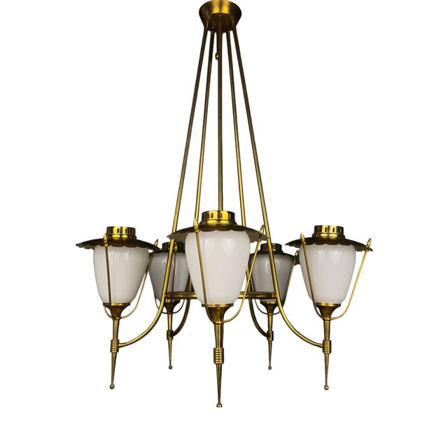 Vintage Art Deco Glass and Brass Chandelier from Maison Arlus, France 1950s For Sale