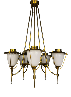 Vintage Art Deco Glass and Brass Chandelier from Maison Arlus, France 1950s