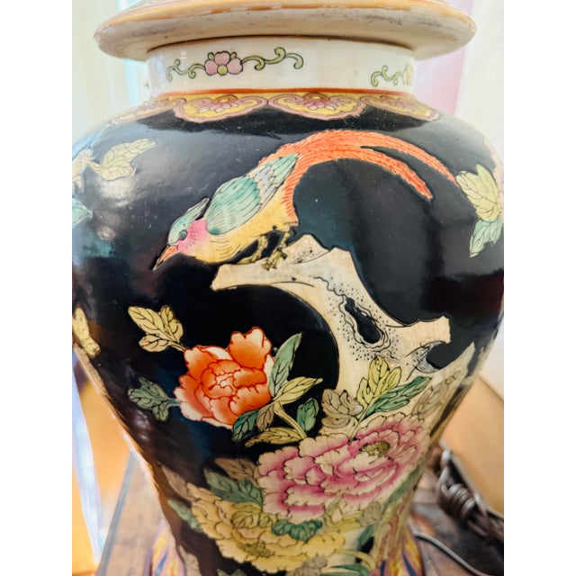 Black Vintage Chinese Famille Noire with Floral Birds Ginger Jar Table Lamps - Pair For Sale - Image 8 of 12