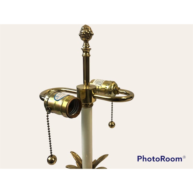 Hollywood Regency Vintage Polished Solid Brass Pineapple Lamp With White Metal Shade For Sale - Image 3 of 10