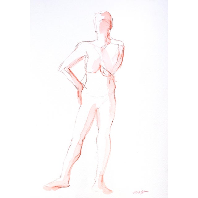 Deep Red Standing Female Nude Watercolor Painting For Sale