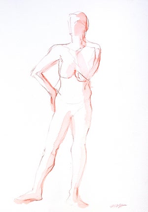 Deep Red Standing Female Nude Watercolor Painting