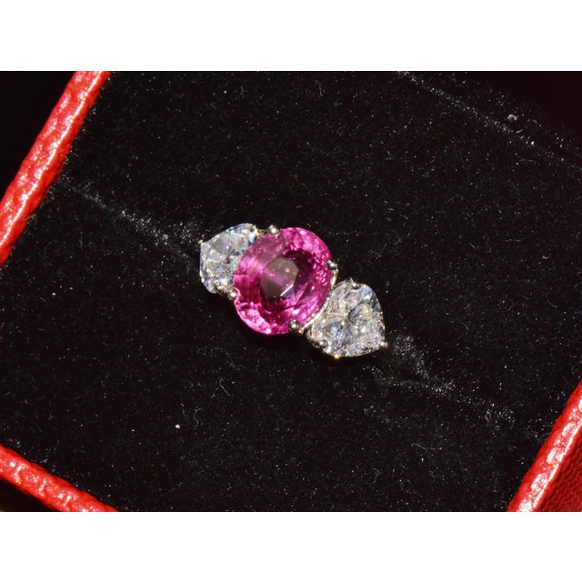 Late 20th Century Gia 4.47Cts No-Heat Mozambique Ruby & D Vvs2 Heart Diamond Platinum Three Stone Ring, Size 6 For Sale - Image 15 of 18