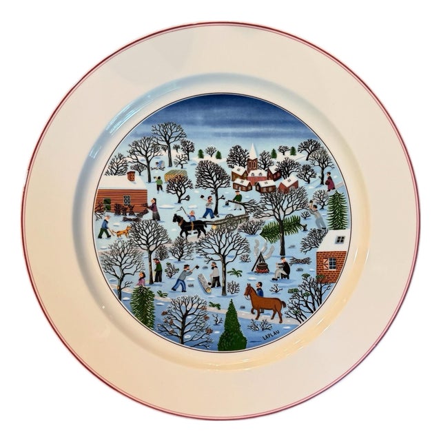 Vintage Villeroy & Boch "Design Naif Christmas" Porcelain Round Serving Chop Platter For Sale