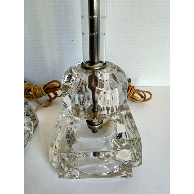 Metal Vintage Mid-Century Hollywood Regency Glass Table Lamps With Etched Glass Stem & Pleated Shades - a Pair For Sale - Image 7 of 12