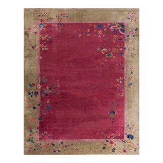1920s Raspberry Pink Floral Antique Chinese Art Deco Carpet 9' X 11' 6" Knotted Wool Rug For Sale