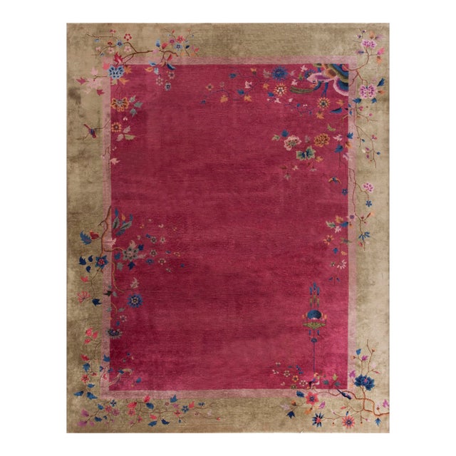 1920s Raspberry Pink Floral Antique Chinese Art Deco Carpet 9' X 11' 6" Knotted Wool Rug For Sale