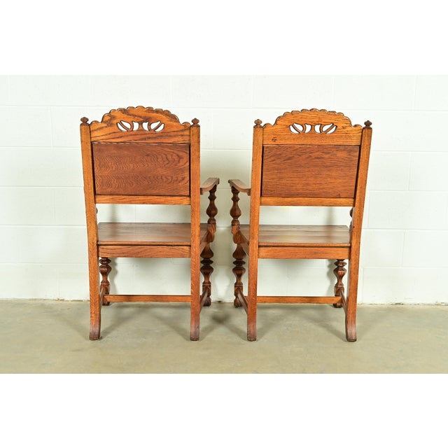 Early Romweber Antique English Jacobean Carved Oak and Burl Wood Armchairs, Pair For Sale - Image 11 of 13