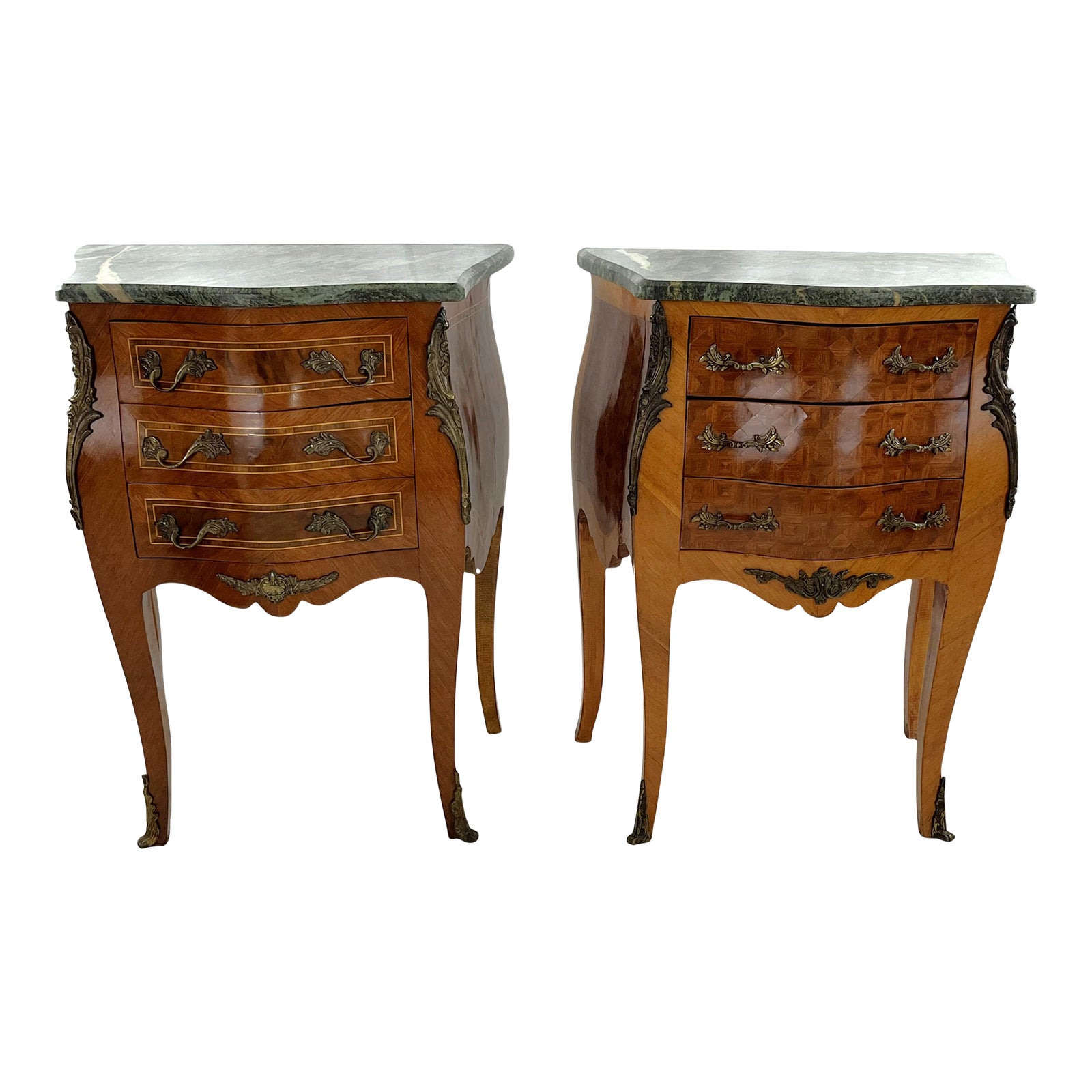 French Louis XVI Style Marble Top Bombay Nightstands With Marquetry and Ormolu Details a Pair