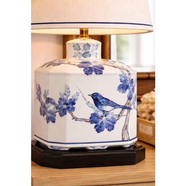 Wood Vintage Blue & White Chinoiserie Porcelain Table Lamp – Hand-Painted Bird Motif – Oval Shade Coastal Regency (Sku 270) For Sale - Image 7 of 7