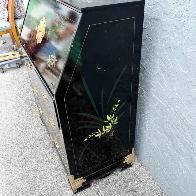Mid 20th Century Chinese Black Lacquered and Hand-Painted Secretary Desk For Sale - Image 5 of 8