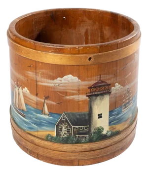 Mid 20th Century Primitive Bucket With Hand Painted Seascape Scene