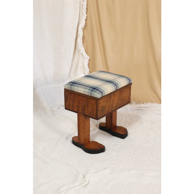 Vintage "Foot" Stool With Blue Plaid Top - Handmade Stool For Sale - Image 6 of 15