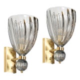Modernist Orbital Drop Hand-Blown Murano Fluted Smoked Blue Gray Glass Sconces For Sale