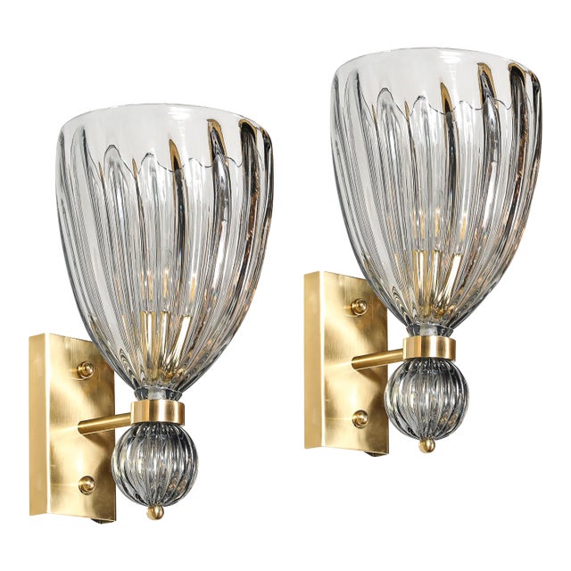 Modernist Orbital Drop Hand-Blown Murano Fluted Smoked Blue Gray Glass Sconces For Sale