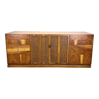 Mid Century Modern Pecan Wood & Cane Credenza by Kaufman of Collingwood For Sale