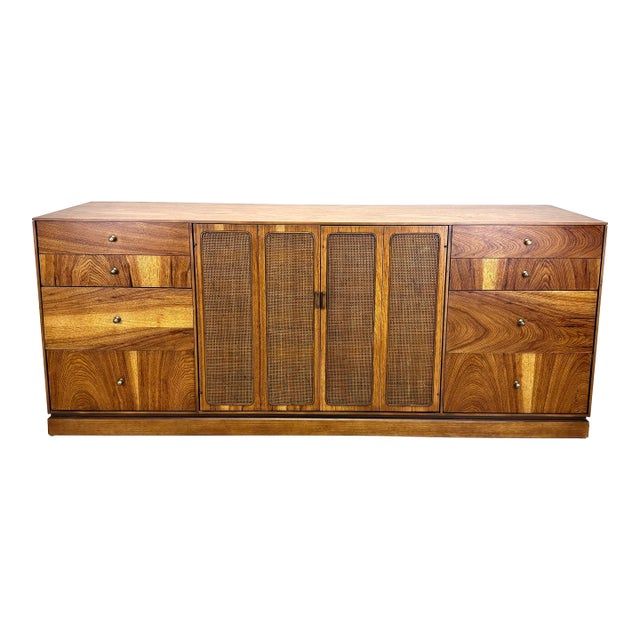 Mid Century Modern Pecan Wood & Cane Credenza by Kaufman of Collingwood For Sale