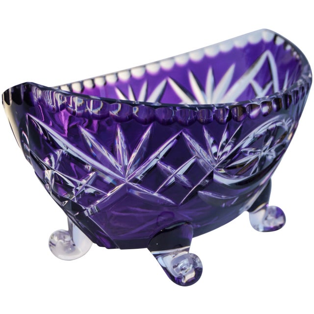 Midcentury clear and amethyst purple crystal footed bowl, elegantly hand-cut with ornate details. Marked: Made in Poland....