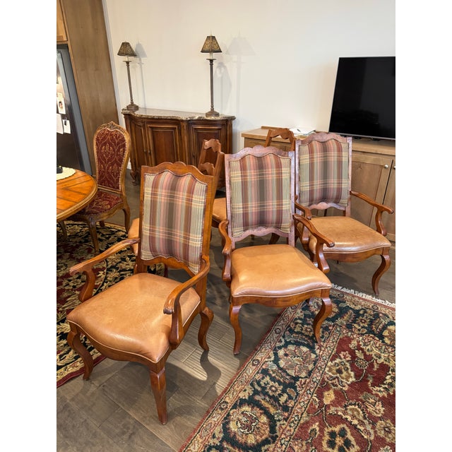 Burnt Umber Century Furniture “Town & Country” Dining Chairs – Robert Allen Fabric & Bison Nutmeg Leather For Sale - Image 8 of 8