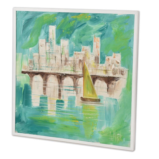 1960s LeMark Mid-Century Modern Aqua Blue White and Green Nautical Harbor Painting For Sale - Image 5 of 9
