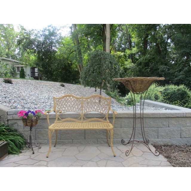 Tall Vintage Wrought Iron Metal and Wicker Rattan Plant Stand or Jardiniere For Sale - Image 11 of 13