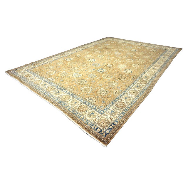Persian Antique Persian Tabriz Wool 11x15 Tan, Ivory & Blue Handmade Area Rug #9902886 For Sale - Image 3 of 7