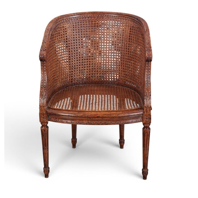 Wood Louis XVI Carved Oak & Cane Barrel-Back Armchairs With Leopard Upholstery-Set of 6 For Sale - Image 7 of 13