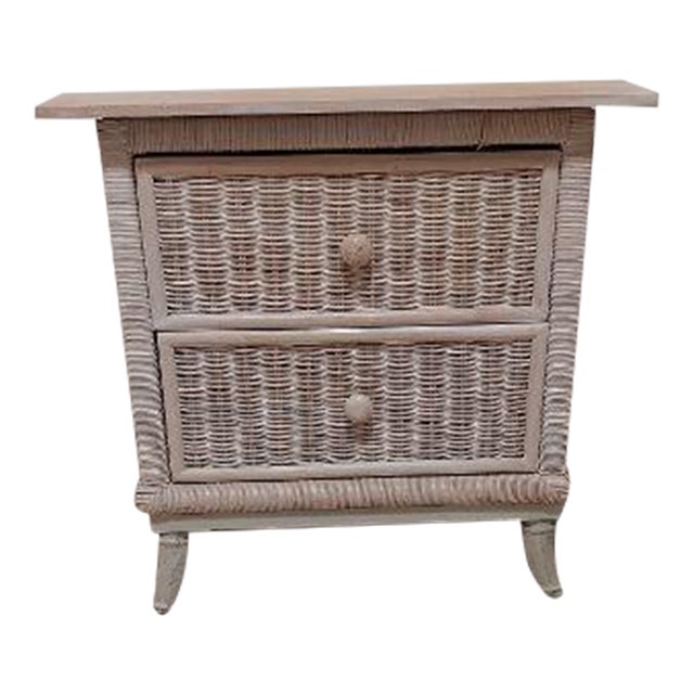 1980s Nightstand Whitewash Wood Wicker Metal Detail Coastal Style For Sale