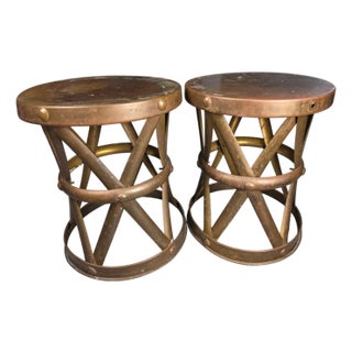 1970s Brass X-Form Drum Side Tables or Stools Attributed to Sarreid, Pair For Sale