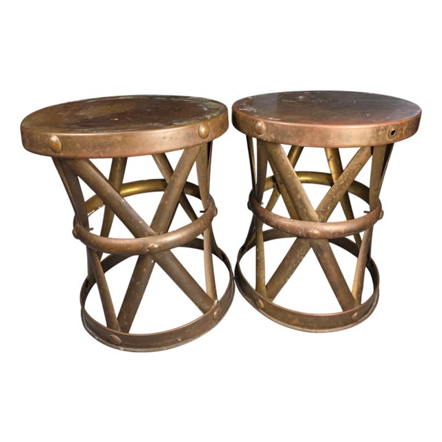 1970s Brass X-Form Drum Side Tables or Stools Attributed to Sarreid, Pair For Sale