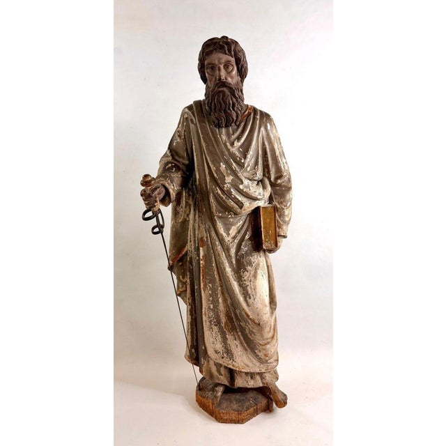 Antique Statue of Saint Paul in Solid Oak For Sale - Image 3 of 14