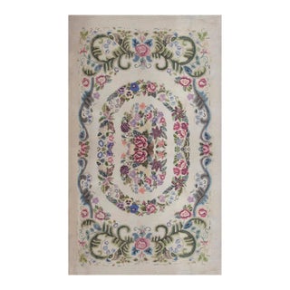 Early 20th Century (1935) Ivory Multicolor Antique American Hooked Rug 4'2" X 7'6" Americana Floral Carpet For Sale