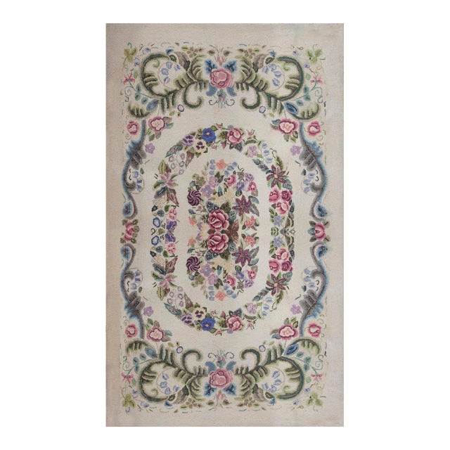 Early 20th Century (1935) Ivory Multicolor Antique American Hooked Rug 4'2" X 7'6" Americana Floral Carpet For Sale