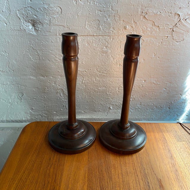 20th C. Pair of Mid-Century Modern Tall Turned Rosewood Candle Holders For Sale - Image 4 of 9