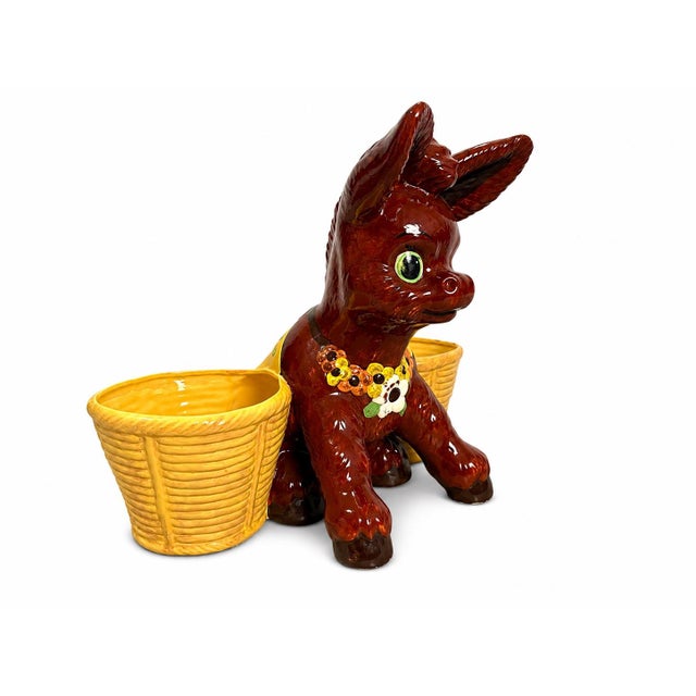 Vintage Mid-Century Ceramic Donkey Double Planter With Basket Planters For Sale - Image 4 of 8