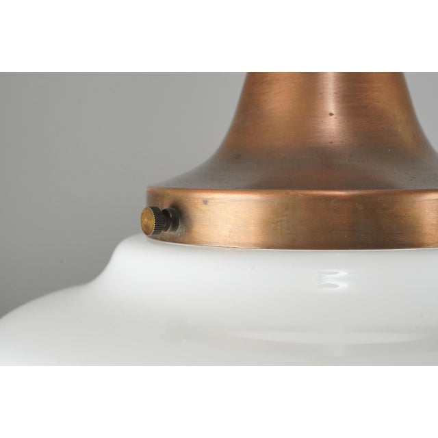 Traditional Antique Schoolhouse White Milk Glass Brass Chain Pendant Light For Sale - Image 3 of 7
